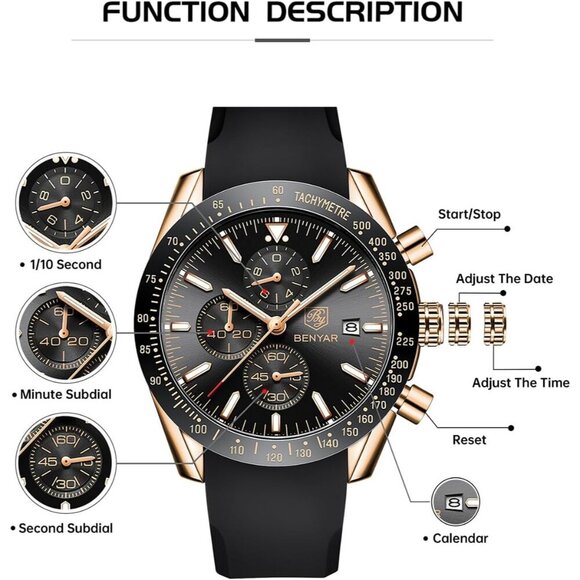 BY BENYAR Men's Black Analog Quartz Chronograph Watch 30M Waterproof Luminous - Picture 3 of 8